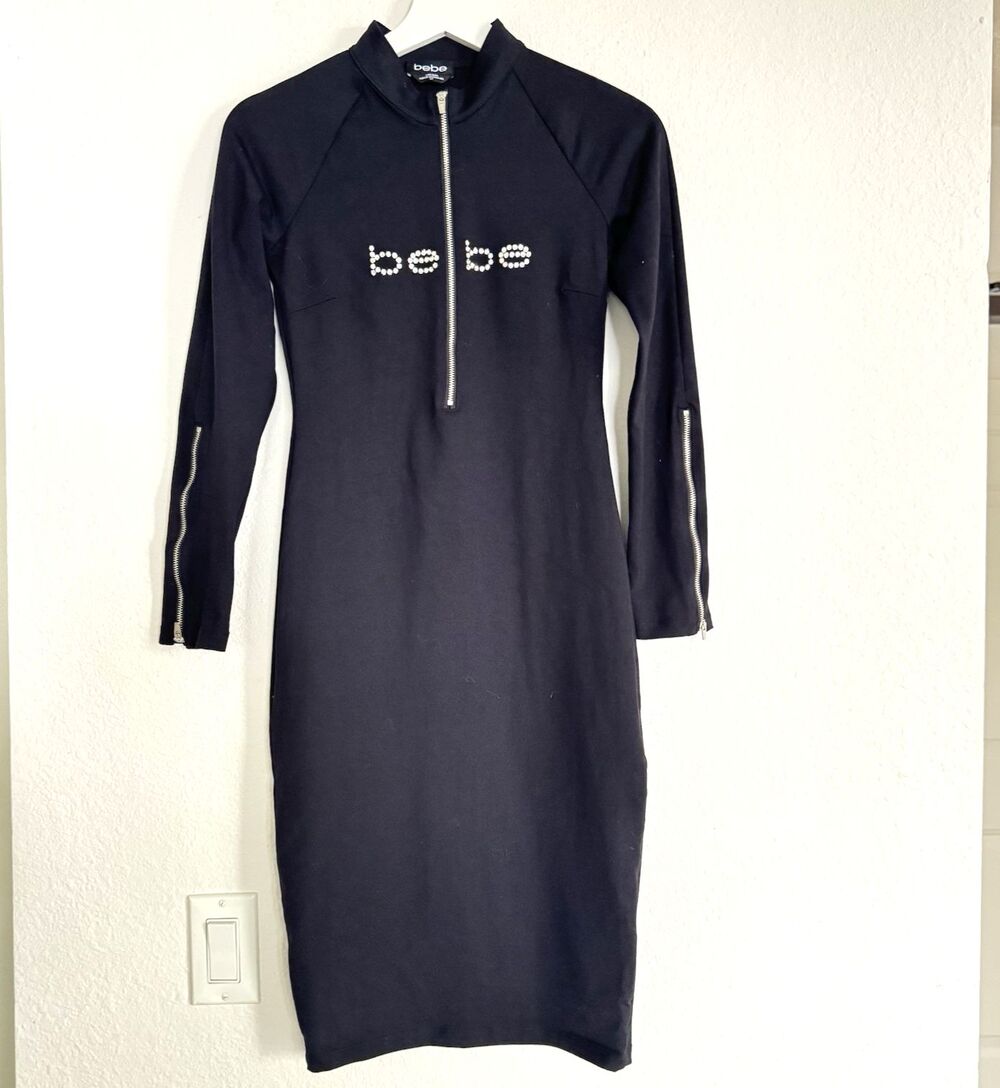 bebe Dress Black Sz S/P Swarovski Crystals Y2K Vintage Midi Bodycon Zipper Front